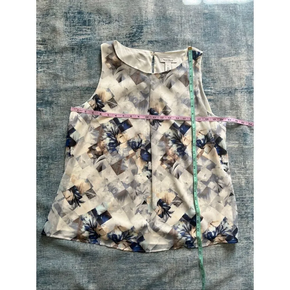White House Black Market Ivory Blue Geometric Floral Print Sleeveless Blouse L